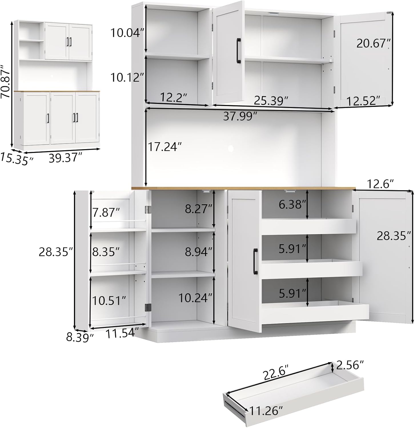 71" Tall Kitchen Pantry Cabinet, Kitchen Pantries with 3 Pull-out Drawers, Storage Cabinets with Hutch & Door Shelves & Microwave Coffee Stand, Pantry Organizer for Dining Room, Living Room (White)