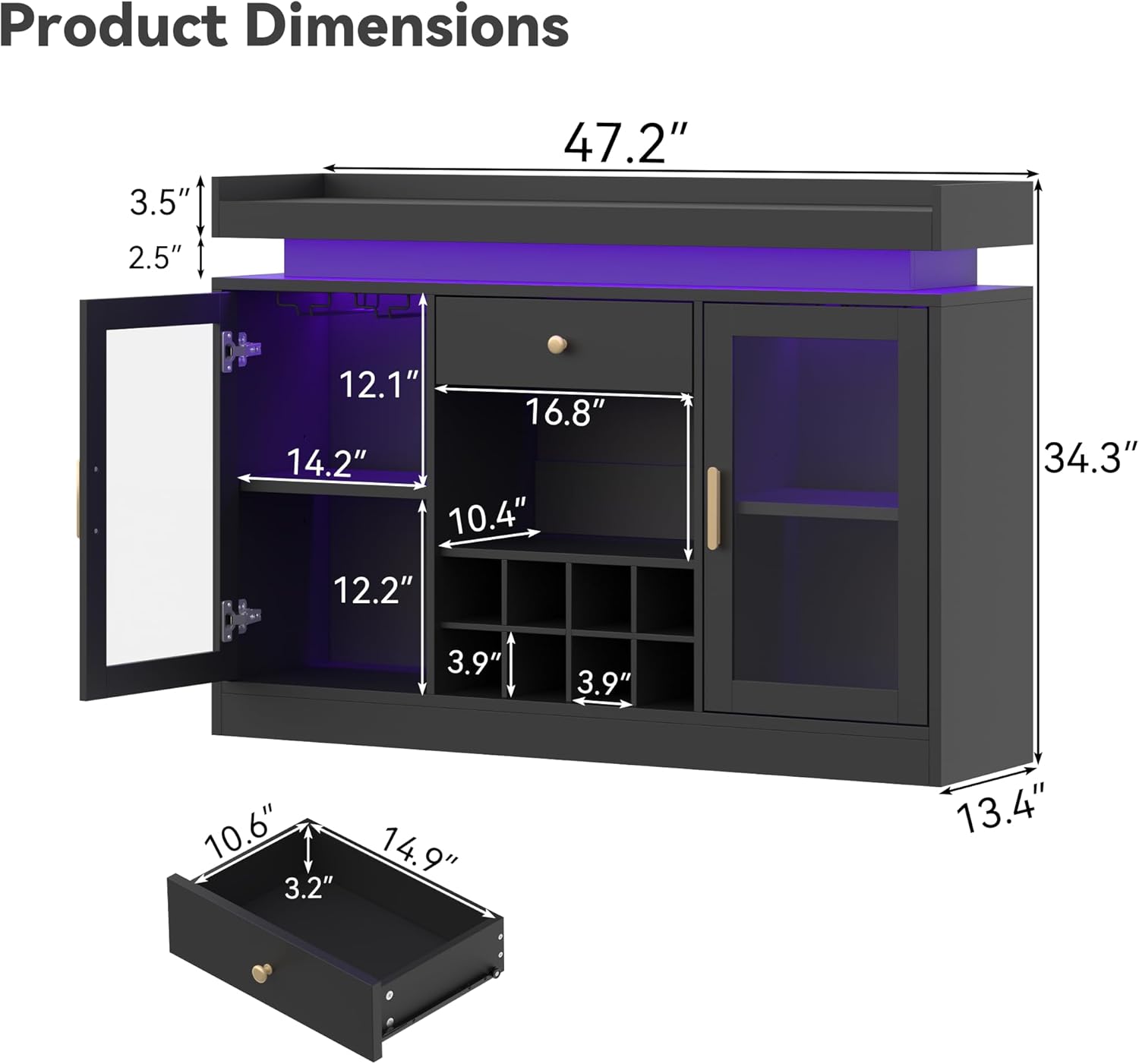 Wine Bar Cabinet with LED Light, Home Coffee Bar Cabinet with Wine and Glass Rack, Modern Sideboard Buffet w/ Storage Drawer & Shelves, Freestanding Liquor Cabinets for Living Room,Dining Room (Black)
