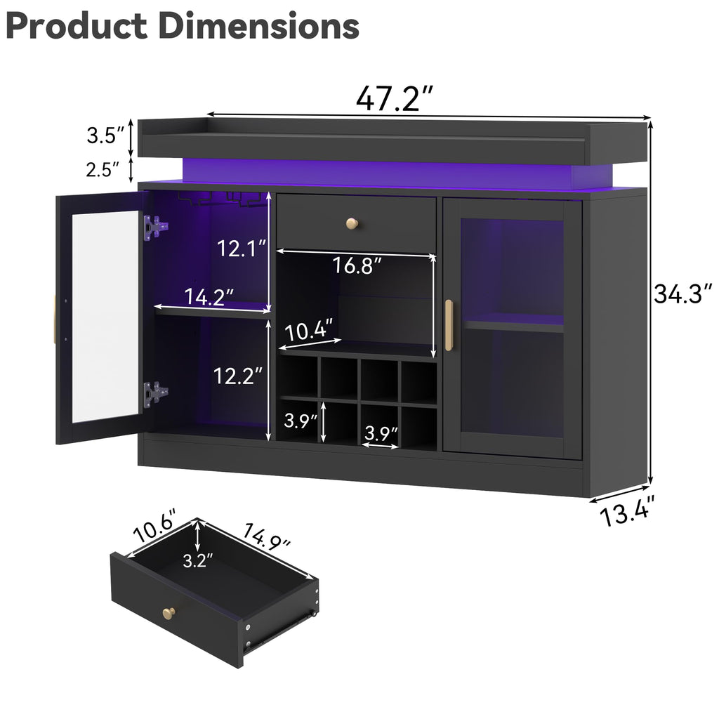 Wine Bar Cabinet with LED Light, Home Coffee Bar Cabinet with Wine and Glass Rack, Modern Sideboard Buffet w/ Storage Drawer & Shelves, Freestanding Liquor Cabinets for Living Room,Dining Room (Black)