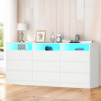 Auromie 9 Drawers Dresser, Double Modern Chest of Drawers with Power Outlet, Dresser TV Stand with Led Light Strip, Drawer Organizer for Bedroom, Living Room, Hallway (White, 9 Drawer)