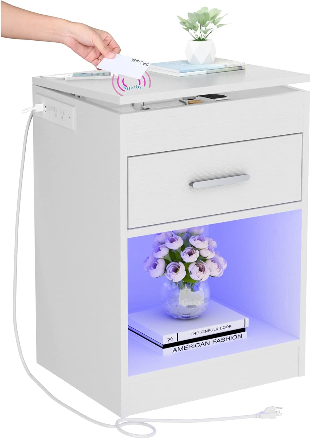 Auromie Nightstand with Charging Station and LED Lights, Concealment Furniture with RFID Lock Cabinet and Power Outlets, Bedside Table with Hidden Compartment for Valuables Storage, White