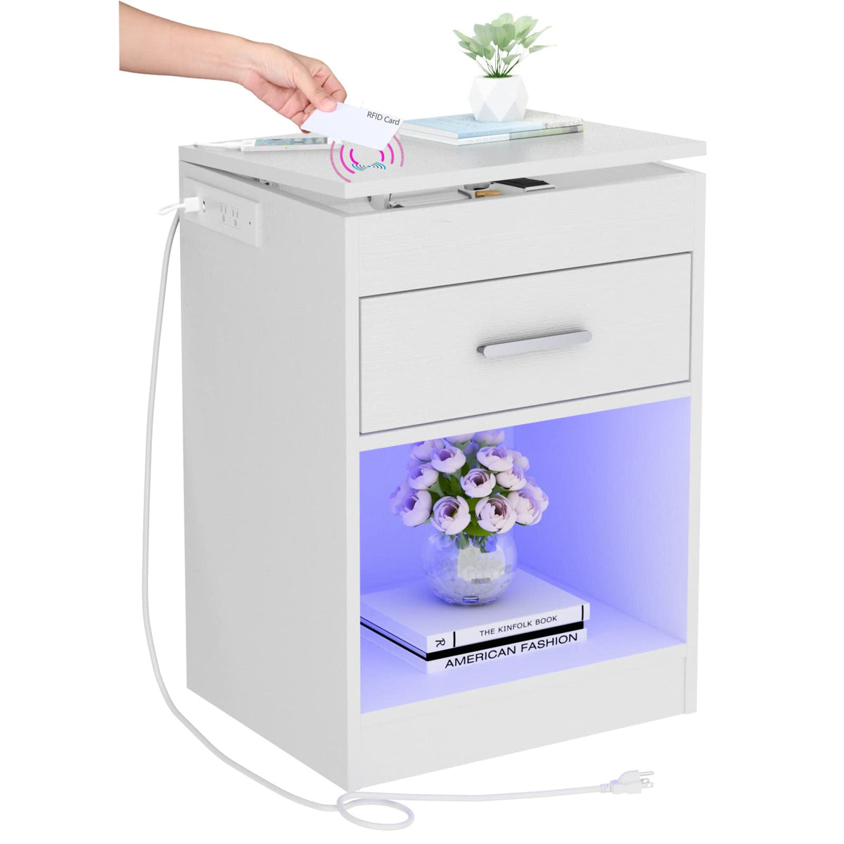 Auromie Nightstand with Charging Station and LED Lights, Concealment Furniture with RFID Lock Cabinet