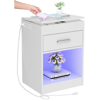 Auromie Nightstand with Charging Station and LED Lights, Concealment Furniture with RFID Lock Cabinet
