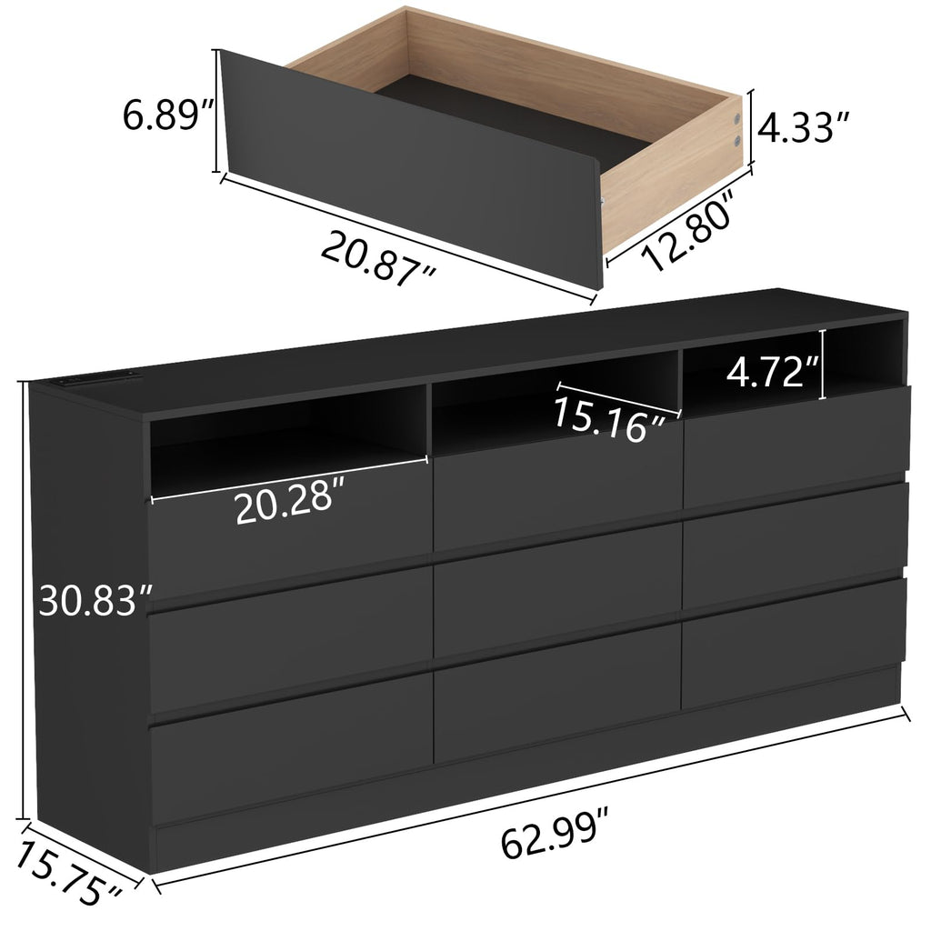Auromie 9 Drawers Dresser, Double Modern Chest of Drawers with Power Outlet, Dresser TV Stand with Led Light Strip, Drawer Organizer for Bedroom, Living Room, Hallway (White, 9 Drawer)