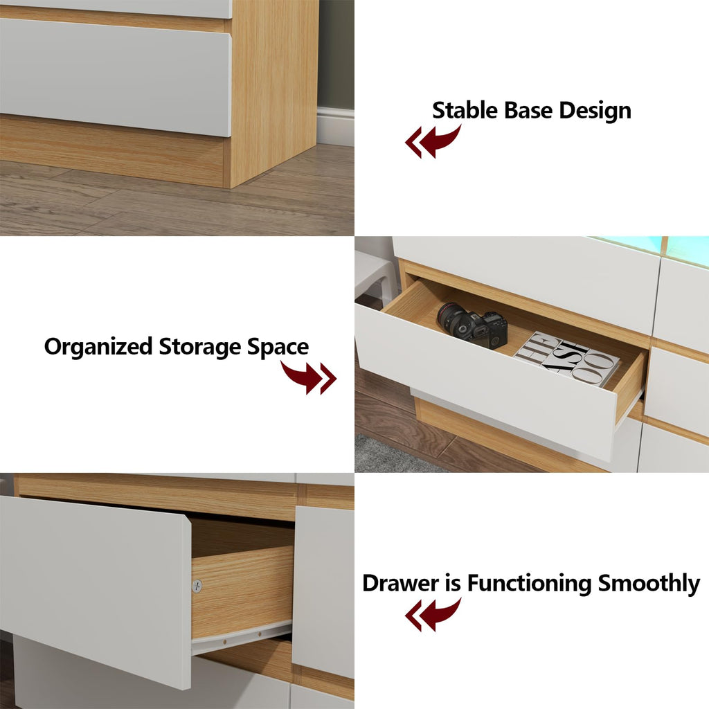 Auromie 9 Drawers Dresser, Double Modern Chest of Drawers with Power Outlet, Dresser TV Stand with Led Light Strip, Drawer Organizer for Bedroom, Living Room, Hallway (White, 9 Drawer)