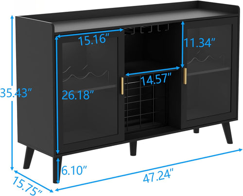 Auromie Wine Bar Cabinet with Led Light, Home Coffee Cabinet with Wine and Glass Rack, Kitchen Buffet Sideboard with Storage Shelves, Freestanding Liquor Cabinet for Living Room, Dining Room (Black)