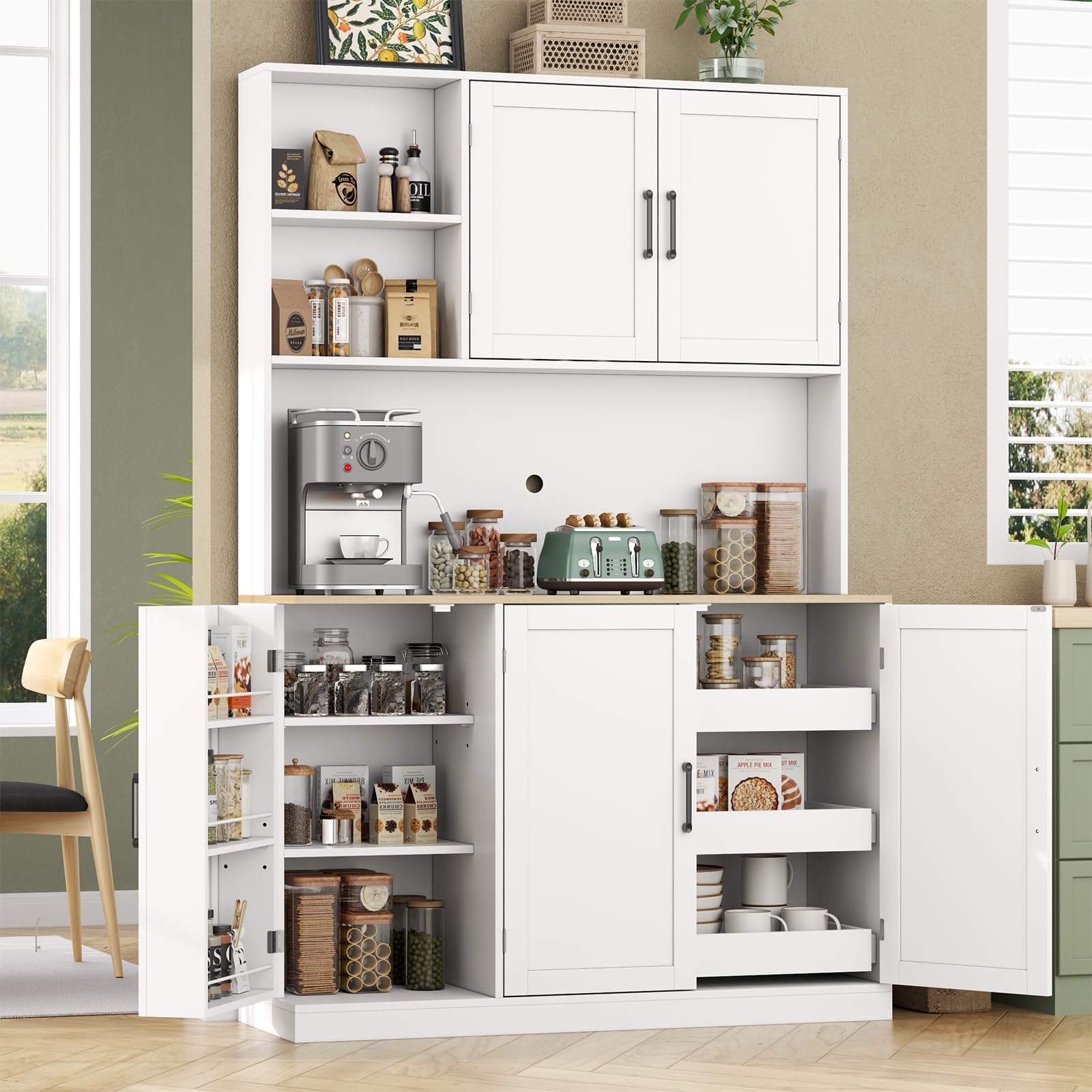 71" Tall Kitchen Pantry Cabinet, Kitchen Pantries with 3 Pull-out Drawers, Storage Cabinets with Hutch & Door Shelves & Microwave Coffee Stand, Pantry Organizer for Dining Room, Living Room (White)