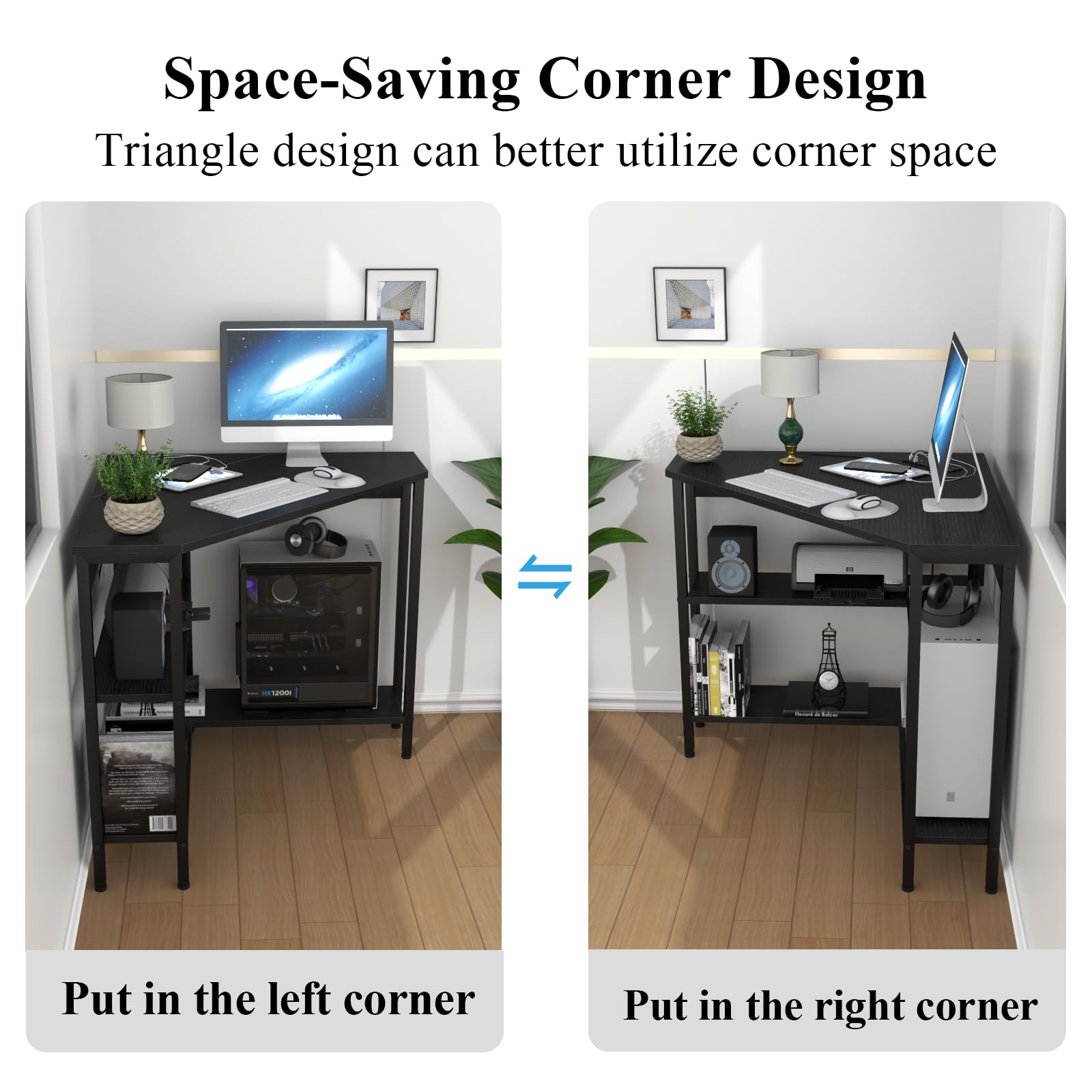 Auromie Corner Desk with Charging Station & LED Light, Triangle Corner Desk with Monitor Stand & Keyboard Tray