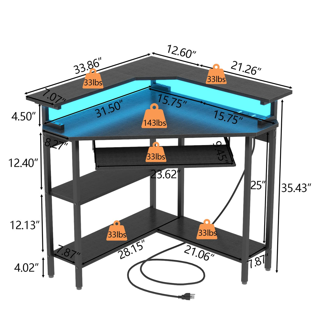Auromie Corner Desk with Charging Station & LED Light, Triangle Corner Desk with Monitor Stand & Keyboard Tray