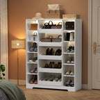 Auromie Shoe Storage Cabinet with 5 Drawers & 12 Shelves, Modern LED Shoe Rack & Handbag Storage Cabinet, Freestanding Shoes and Handbag Storage Organizer for Closet, Entryway, Living Room (White)