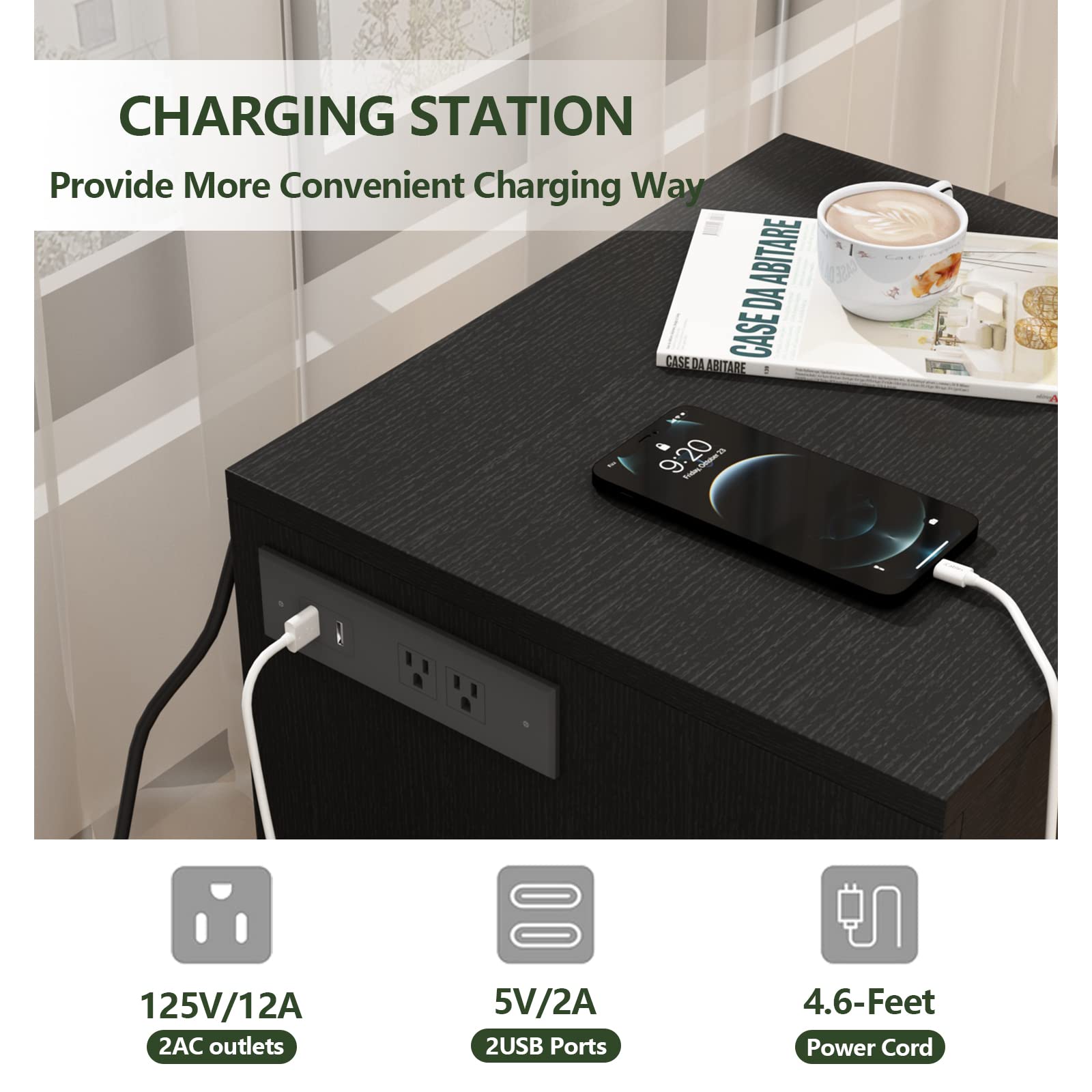 Auromie Nightstand with Charging Station and LED Lights, Concealment Furniture with RFID Lock Cabinet and Power Outlets, Bedside Table with Hidden Compartment for Valuables Storage, Black