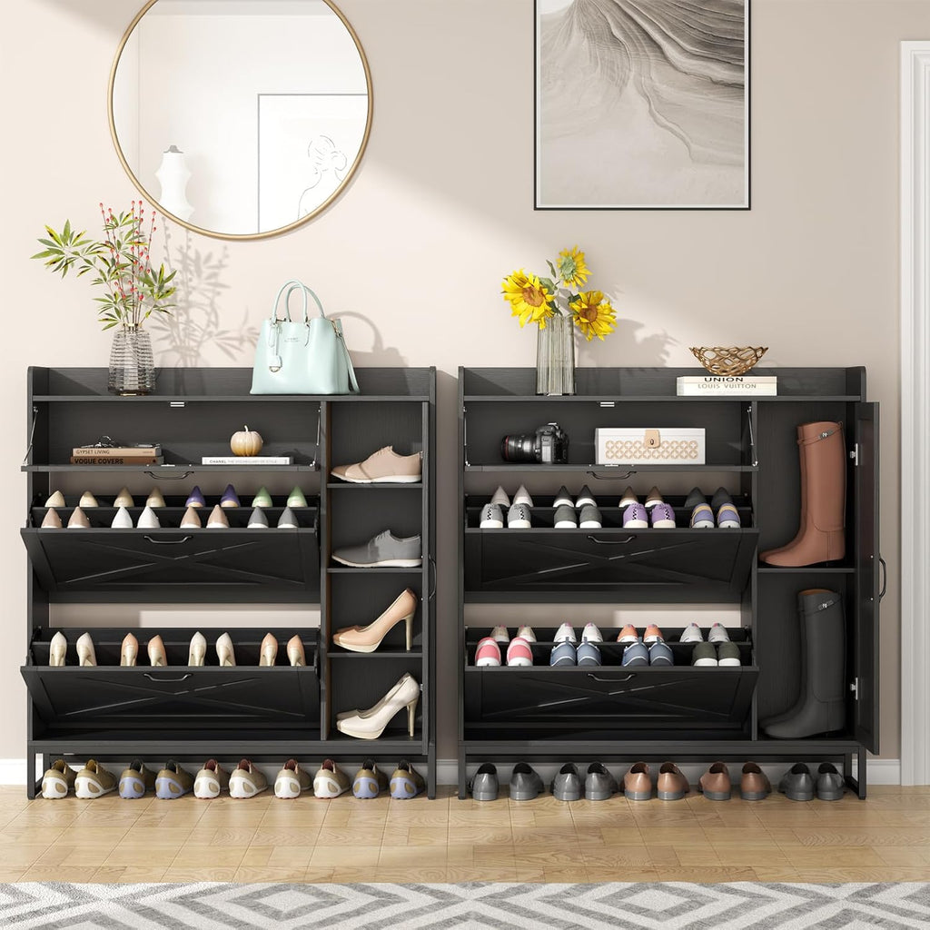Auromie Free Standing Shoe Organizer with 2 Flip Drawers and Side Cabinet, Entryway Narrow Shoe Storage with Door for Hallway and Living Room (Black Plus)