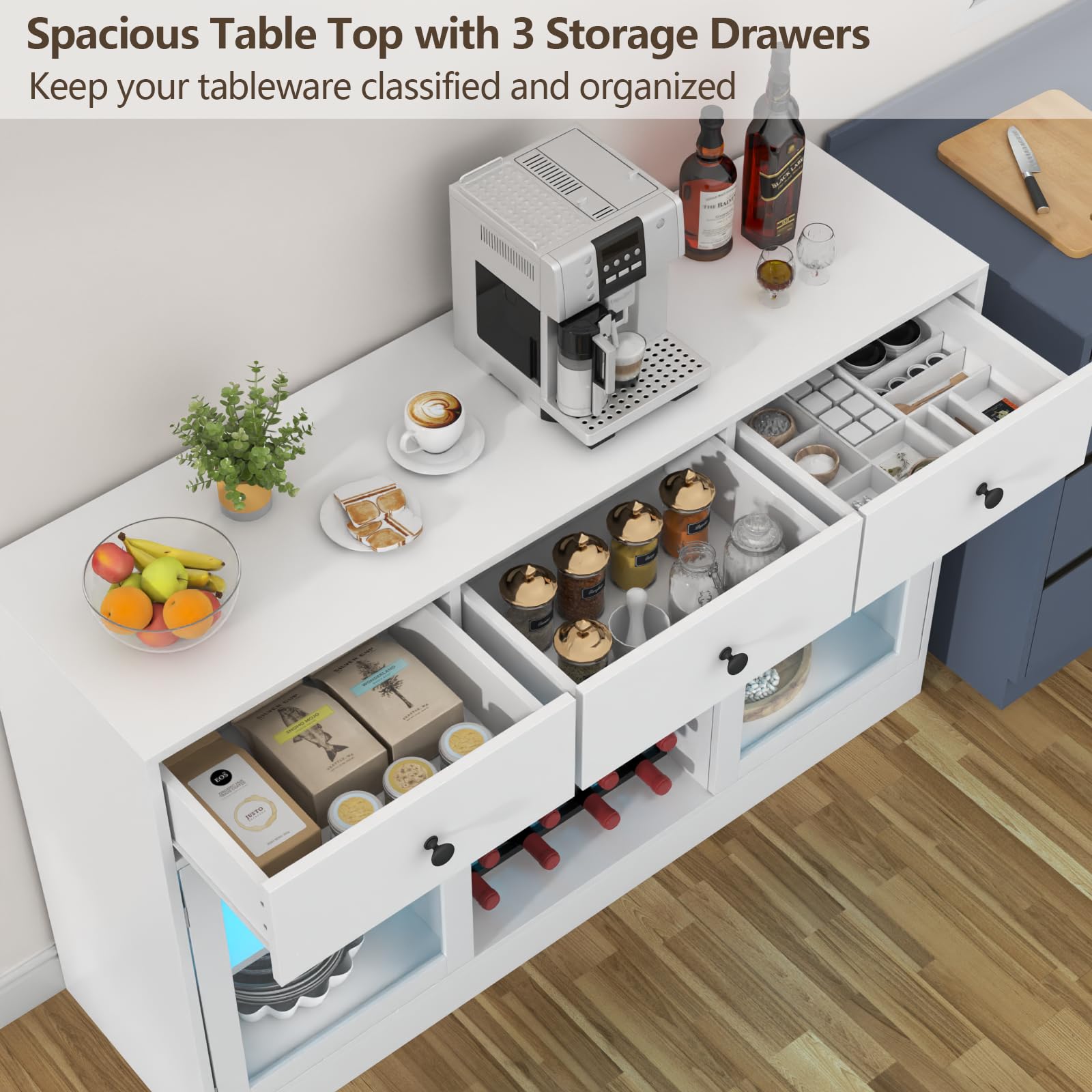 Auromie Wine Bar Cabinet with LED Light, Home Coffee Cabinet with Wine and Glass Rack, Kitchen Buffet Sideboard with Storage Drawers & Adjustable Shelves, Modern Liquor Cabinet with Glass Door (Black)