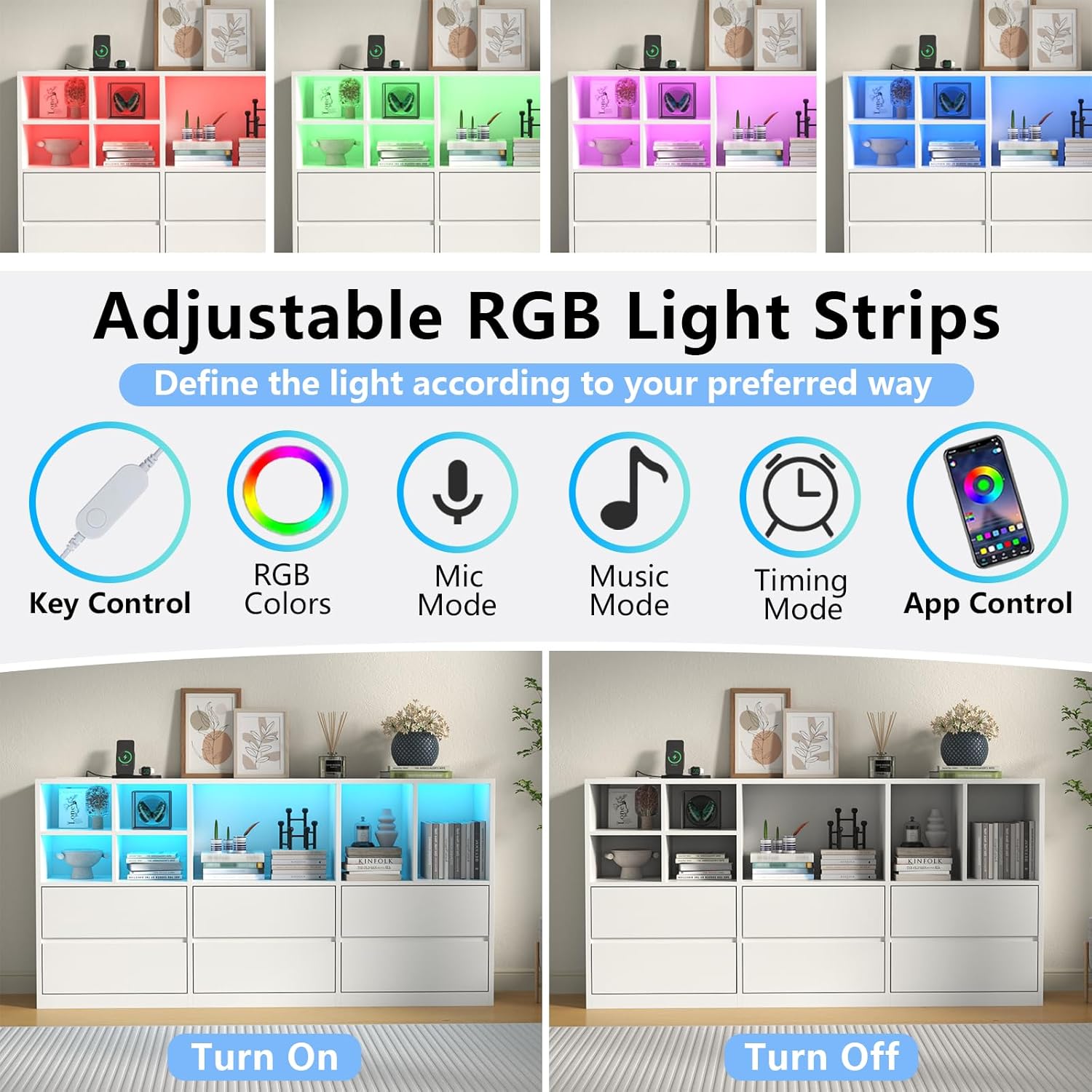 TV Stand with 6 Drawers & 7 Storage Cubbies, LED Lights Entertainment Center with Power Outlet, 63" TV Cabinet with Adjustable Open Storage Shelf, Modern TV Media Console for Living Room (White)