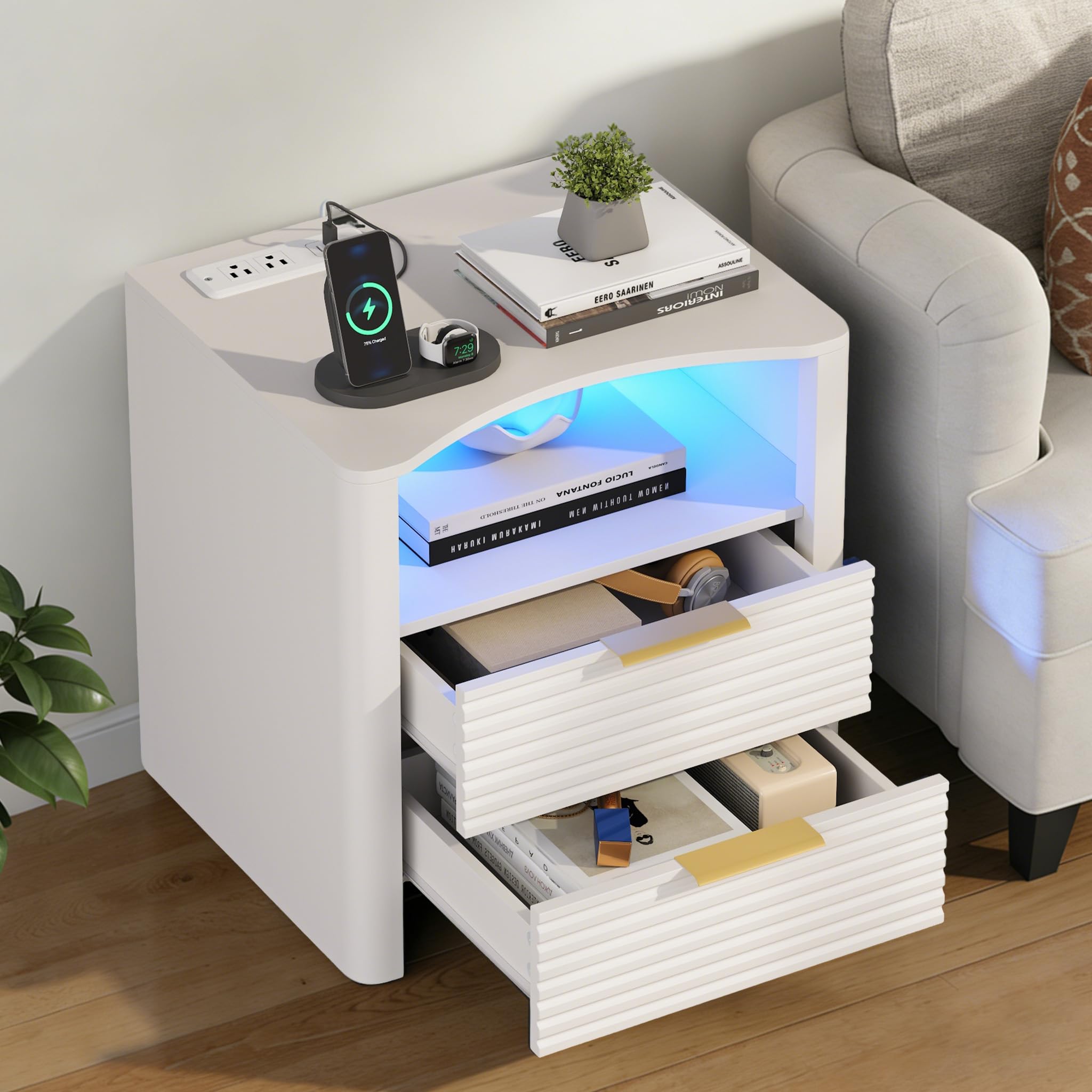 Fluted Nightstand with Led Lights and Charging Station - Led Night Stand with Gold Handle & Open Storage Cubby, 2 Drawer Nightstand with Curved Top, Bedside Nightstands for Bedroom (Black - 1 PC)