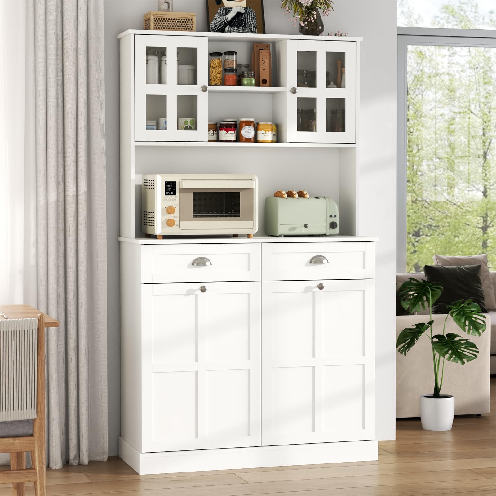Double Tilt Out Trash Can Cabinet, 68" Tall Kitchen Pantry Storage Cabinet with 2 Drawers & Hutch & Microwave Coffee Stand, Freestanding 20 Gallon Trash Recycling Cabinets, Hidden Garbage Can Cabinets