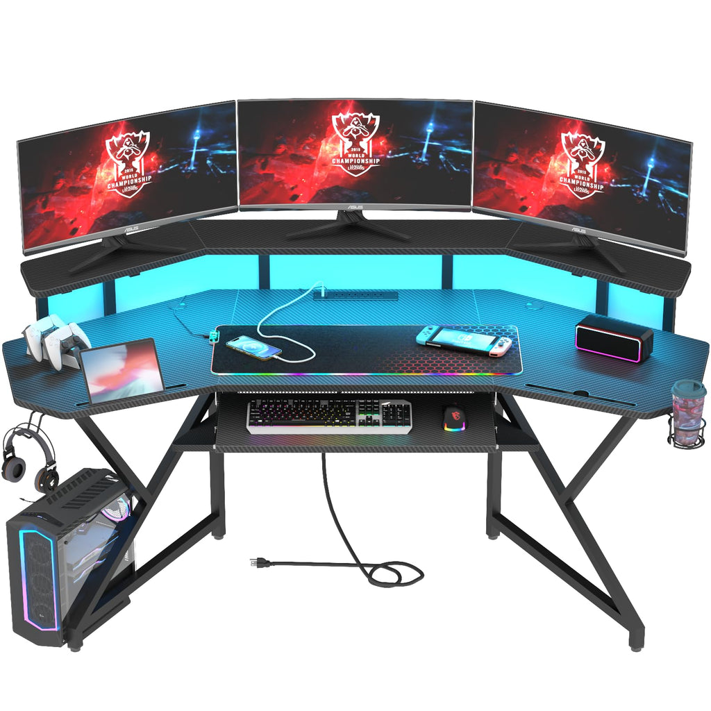 Auromie 72" Gaming Desk with Power Outlets & LED Lights, Computer Desk with Monitor Stand & Storage Shelves, Large Wing-Shaped Computer Table with Keyboard Tray & RGB Mouse Pad for Home Office