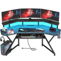 Auromie 72" Gaming Desk with Power Outlets & LED Lights, Computer Desk with Monitor Stand & Storage Shelves