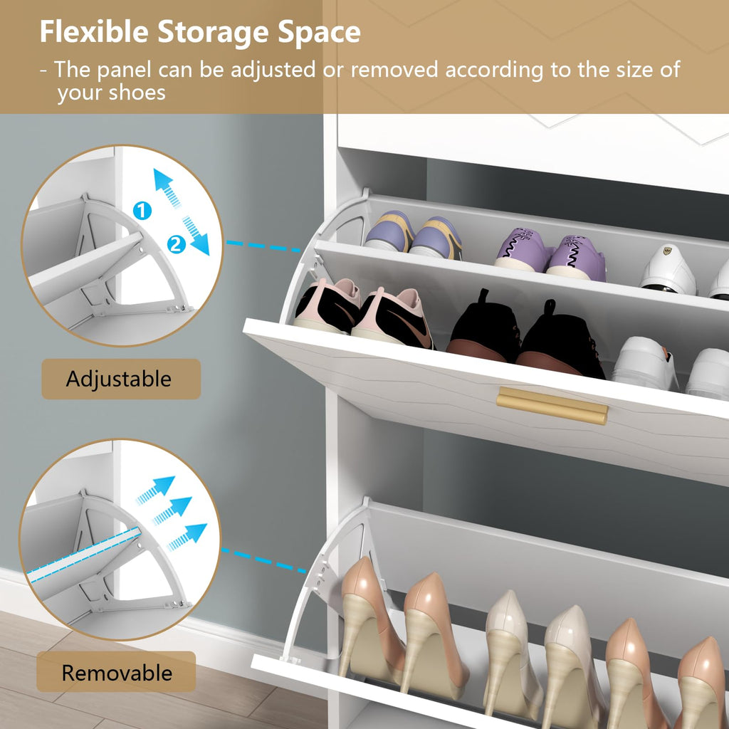 Auromie Tipping Bucket Shoe Storage Cabinet with 2 Flip Drawers, Modern Entryway Shoe Rack with Storage Top Cubby, Narrow Slim Hidden Organizer with Doors, Freestanding (Black)