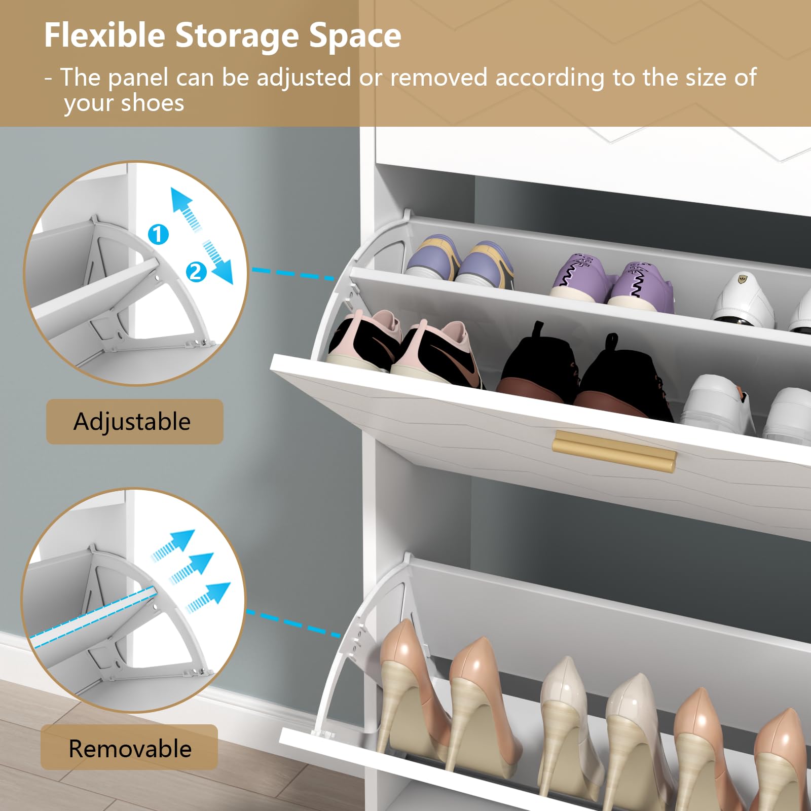 Auromie Tipping Bucket Shoe Storage Cabinet with 2 Flip Drawers, Modern Entryway Shoe Rack with Storage Top Cubby, Narrow Slim Hidden Organizer with Doors, Freestanding (Black)