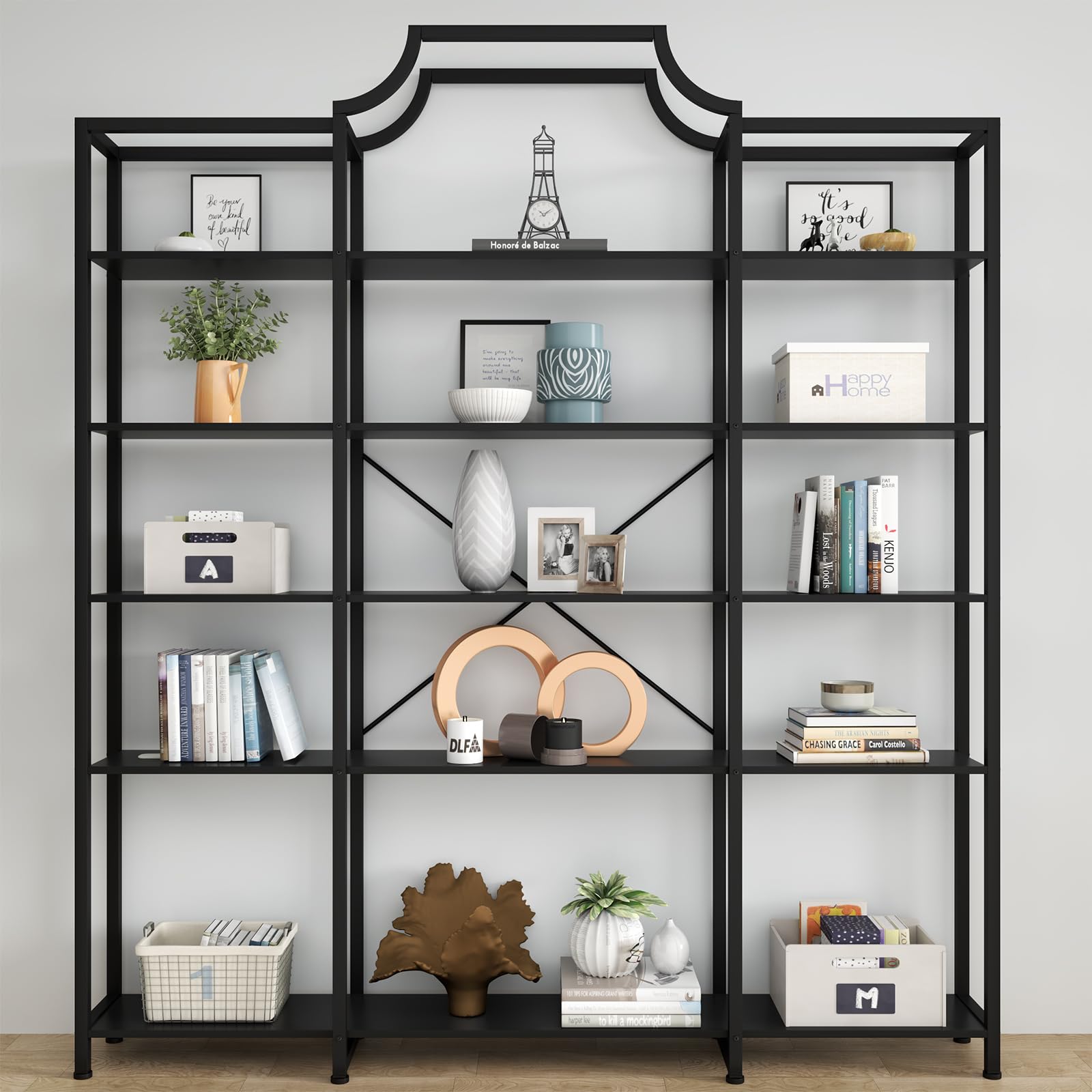 Auromie Triple Wide 5-Tier Bookshelf, 70.87" L x 79.13" H Extra Large Bookcase, Tall Open Etagere Display Shelf with Metal Frame, Freestanding Modern Storage Shelves for Home Office, Black&White