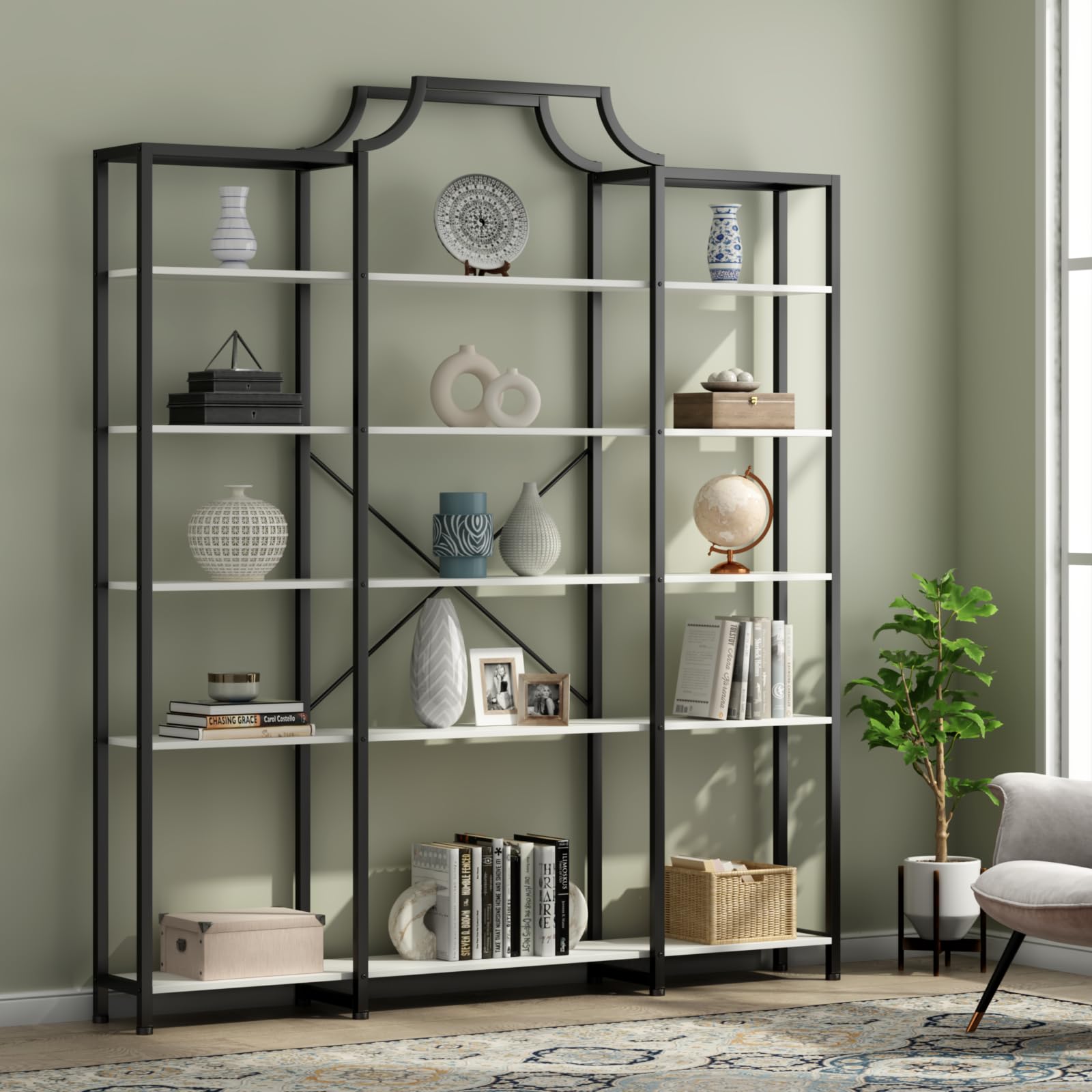 Auromie Triple Wide 5-Tier Bookshelf, 70.87" L x 79.13" H Extra Large Bookcase, Tall Open Etagere Display Shelf with Metal Frame, Freestanding Modern Storage Shelves for Home Office (Black)