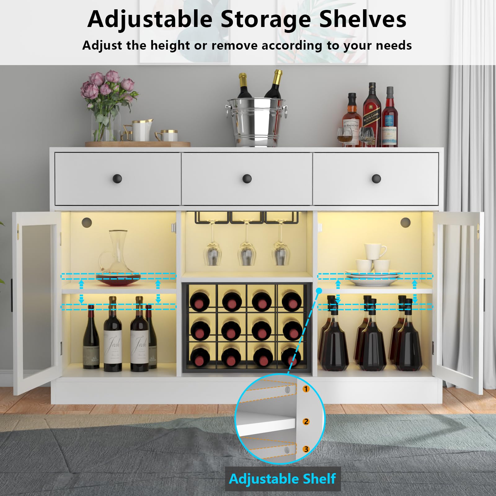 Auromie Wine Bar Cabinet with LED Light, Home Coffee Cabinet with Wine and Glass Rack, Kitchen Buffet Sideboard with Storage Drawers & Adjustable Shelves, Modern Liquor Cabinet with Glass Door (Black)