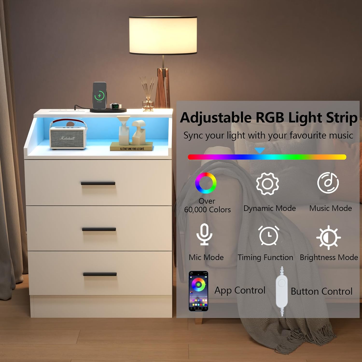 Nightstand with Charging Station and LED Lights, White Nightstand with Drawers, End Side Table with Open Storage Cubby, Modern Bedside Table for Bedroom, Night Stand Organizer Living Room (3 Drawers)