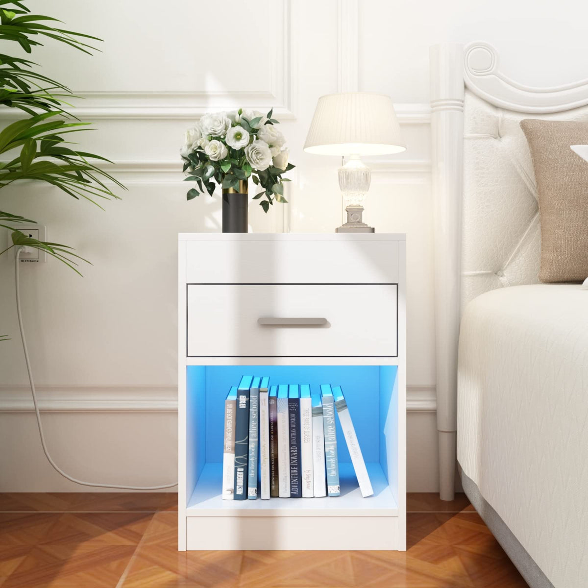 Auromie Nightstand with Charging Station and LED Lights, Concealment Furniture with RFID Lock Cabinet