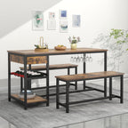 Auromie Dining Table Set for 4-6 People, 54.7" Kitchen Dinner Table with 2 Bench, Dining Room Tables Set with Storage Drawer & Shelf, 3-Piece Breakfast Nook Tables with Wine Rack &Glass Holder (Brown)