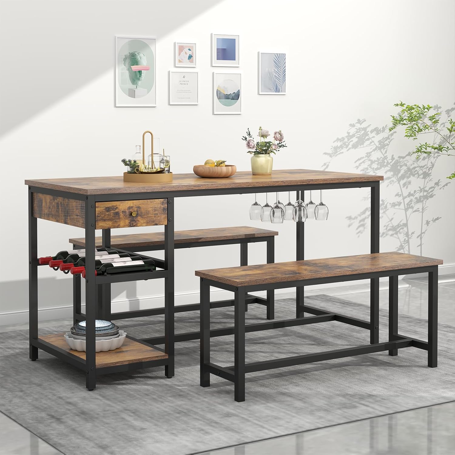 Auromie Dining Table Set for 4-6 People, 54.7" Kitchen Dinner Table with 2 Bench, Dining Room Tables Set with Storage Drawer & Shelf, 3-Piece Breakfast Nook Tables with Wine Rack &Glass Holder (Brown)