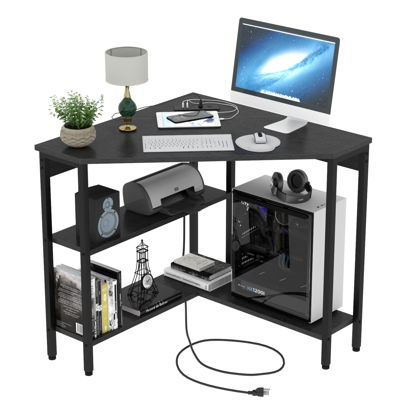 Auromie Corner Desk with Charging Station & LED Light, Triangle Corner Desk with Monitor Stand & Keyboard Tray for Small Space, Gaming Computer Desk with Storage Shelves for Home Office (Black)