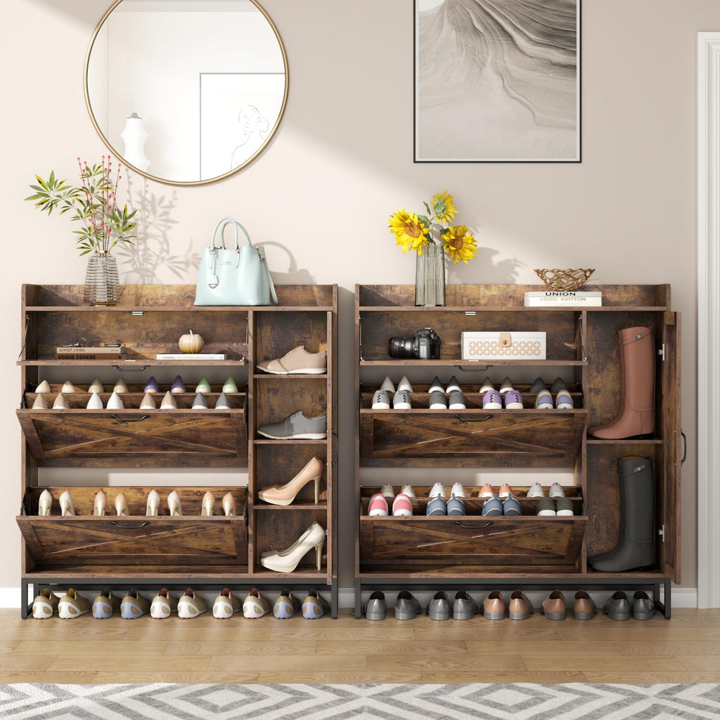 Auromie Rustic Plus: Free Standing Shoe Organizer with 2 Flip Drawers and Adjustable Side Cabinet for Narrow Entryway and Living Room
