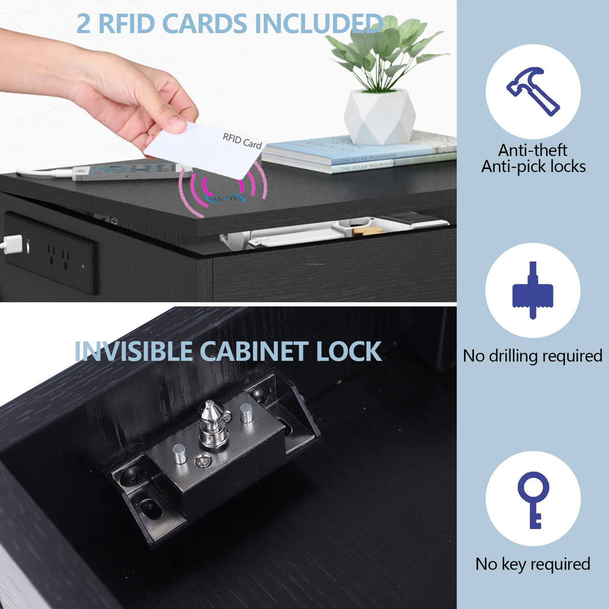 Auromie Nightstand with Charging Station and LED Lights, Concealment Furniture with RFID Lock Cabinet