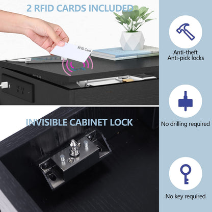 Auromie Nightstand with Charging Station and LED Lights, Concealment Furniture with RFID Lock Cabinet