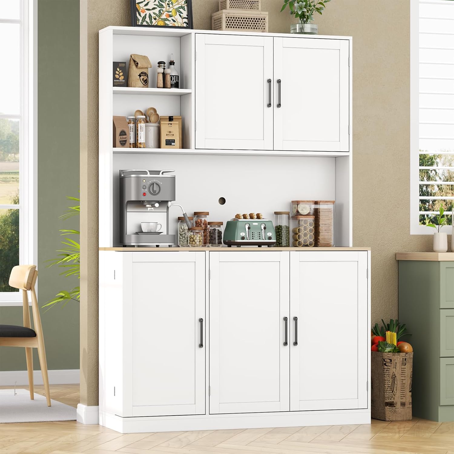 71" Tall Kitchen Pantry Cabinet, Kitchen Pantries with 3 Pull-out Drawers, Storage Cabinets with Hutch & Door Shelves & Microwave Coffee Stand, Pantry Organizer for Dining Room, Living Room (White)