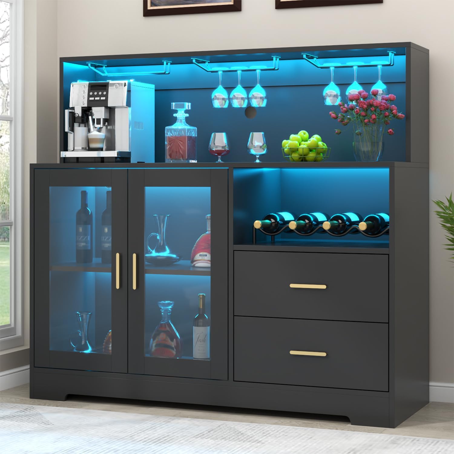 Bar Cabinet for Home with LED Light, Coffee Bar Cabinet with Wine & Glass Rack, Wine Cabinets with Drawers & Microwave Stand, Modern Liquor Cabinets for Kitchen, Living Room, Dining Room (Black)