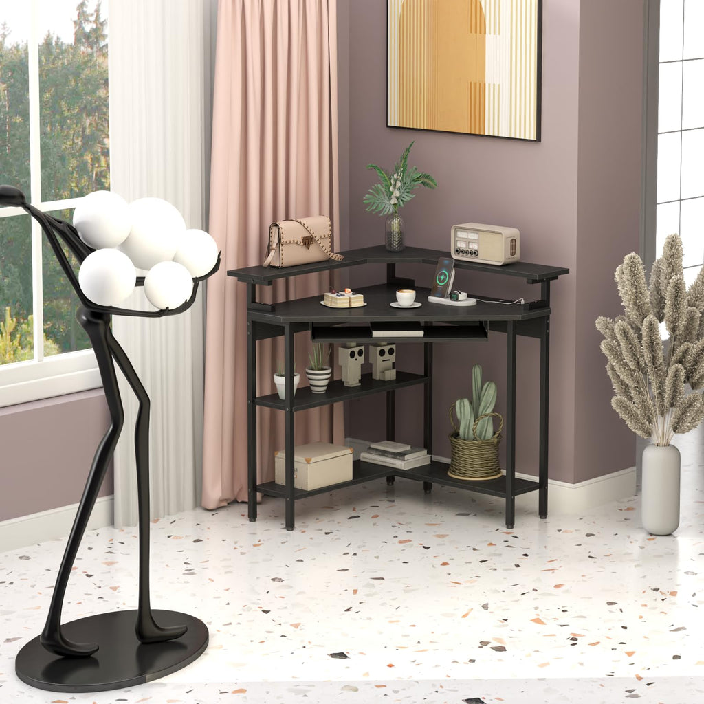 Auromie Corner Desk with Charging Station & LED Light, Triangle Corner Desk with Monitor Stand & Keyboard Tray