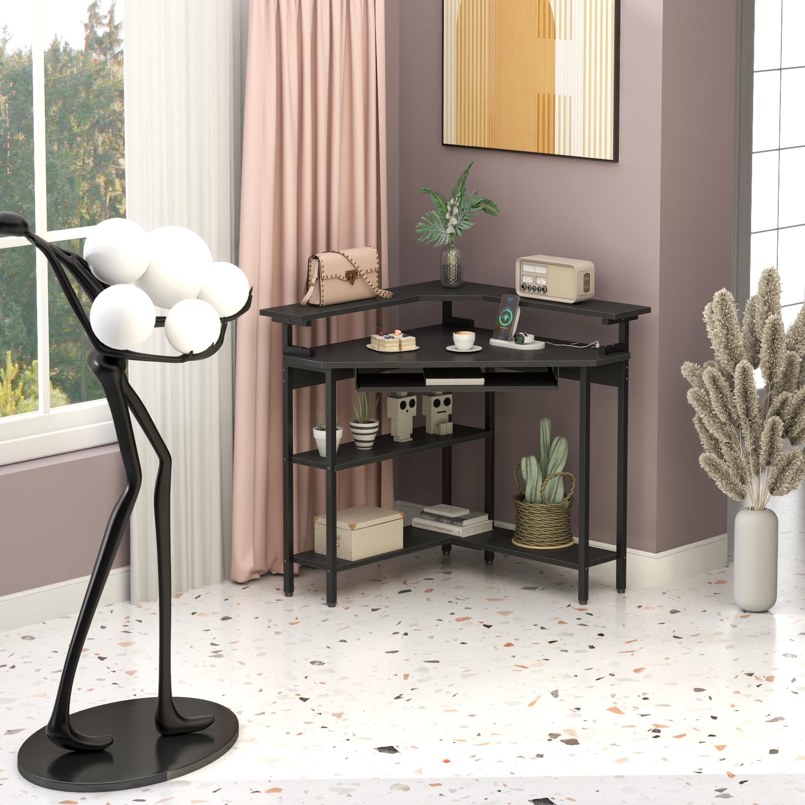 Auromie Corner Desk with Charging Station & LED Light, Triangle Corner Desk with Monitor Stand & Keyboard Tray