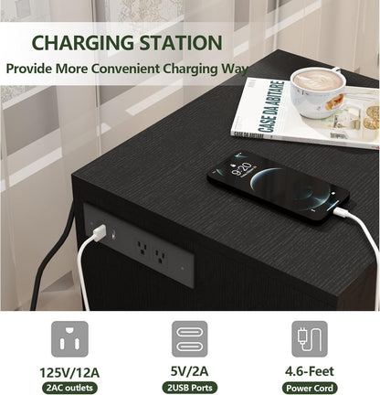 Auromie Set of 2 Nightstand with Charging Station and LED Lights, Bedside Table with Hidden Compartment for Valuables Storage, Concealment Furniture with Lock Cabinet and Power Outlets(Black- 2pcs)