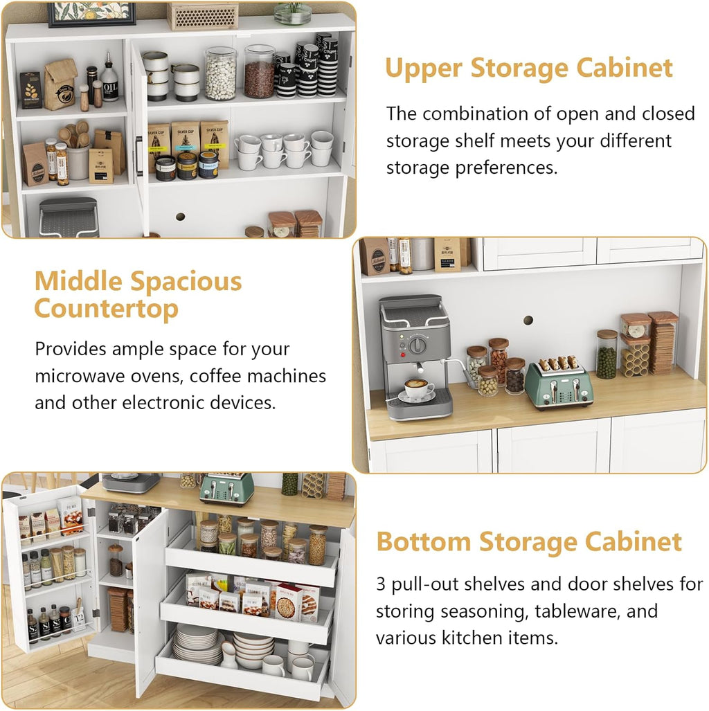 71" Tall Kitchen Pantry Cabinet, Kitchen Pantries with 3 Pull-out Drawers, Storage Cabinets with Hutch & Door Shelves & Microwave Coffee Stand, Pantry Organizer for Dining Room, Living Room (White)