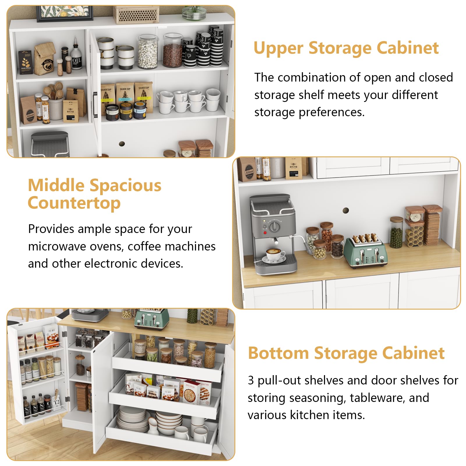 71" Tall Kitchen Pantry Cabinet, Kitchen Pantries with 3 Pull-out Drawers, Storage Cabinets with Hutch & Door Shelves & Microwave Coffee Stand, Pantry Organizer for Dining Room, Living Room (White)