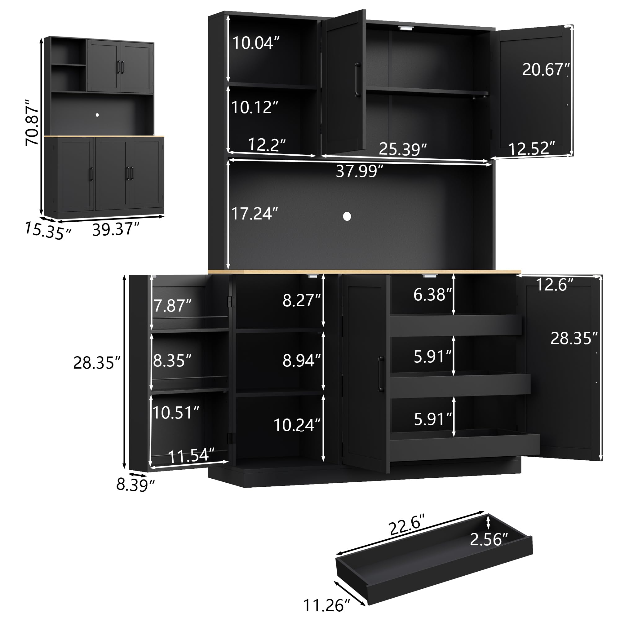 71" Tall Kitchen Pantry Cabinet, Kitchen Pantries with 3 Pull-out Drawers, Storage Cabinets with Hutch & Door Shelves & Microwave Coffee Stand, Pantry Organizer for Dining Room, Living Room (White)