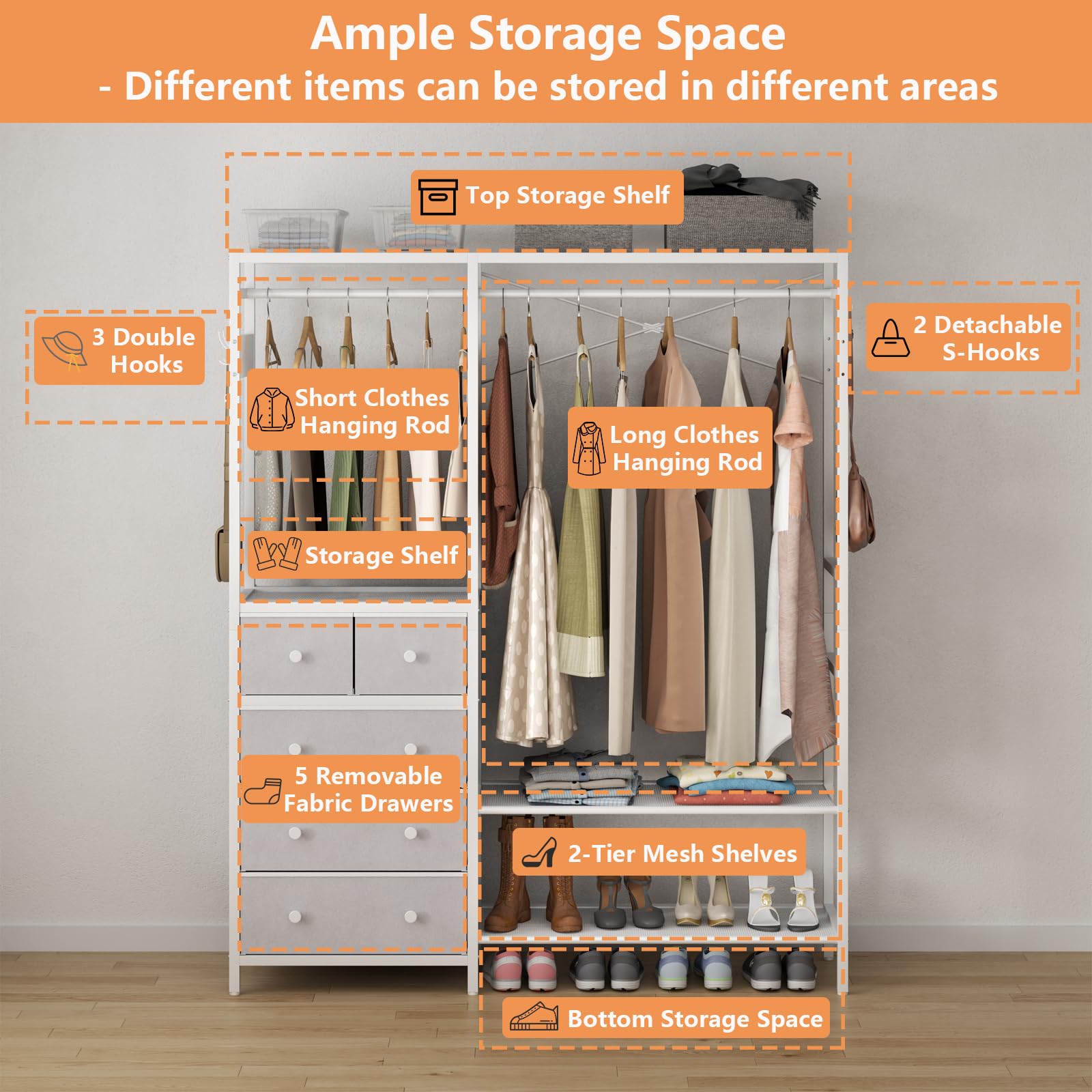 Auromie Clothes Rack with 5 Drawers & 4 Storage Shelves, 59.1W*70.9H Heavy Duty Clothing Rack with 2 Hanging Rods, Wardrobe Closet Organizer System with 5 Hooks, Freestanding Garment Rack (Rustic)