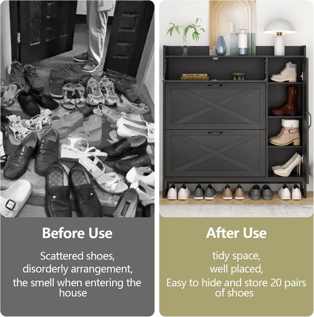 Auromie Free Standing Shoe Organizer with 2 Flip Drawers and Side Cabinet, Entryway Narrow Shoe Storage with Door for Hallway and Living Room (Black Plus)