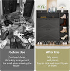 Auromie Free Standing Shoe Organizer with 2 Flip Drawers and Side Cabinet, Entryway Narrow Shoe Storage with Door for Hallway and Living Room (Black Plus)