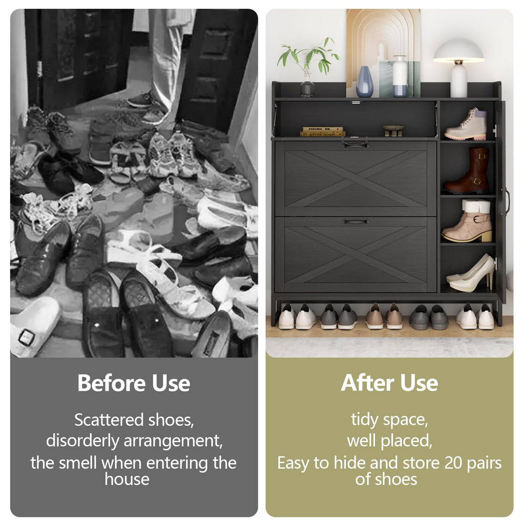 Auromie Rustic Plus: Free Standing Shoe Organizer with 2 Flip Drawers and Adjustable Side Cabinet for Narrow Entryway and Living Room
