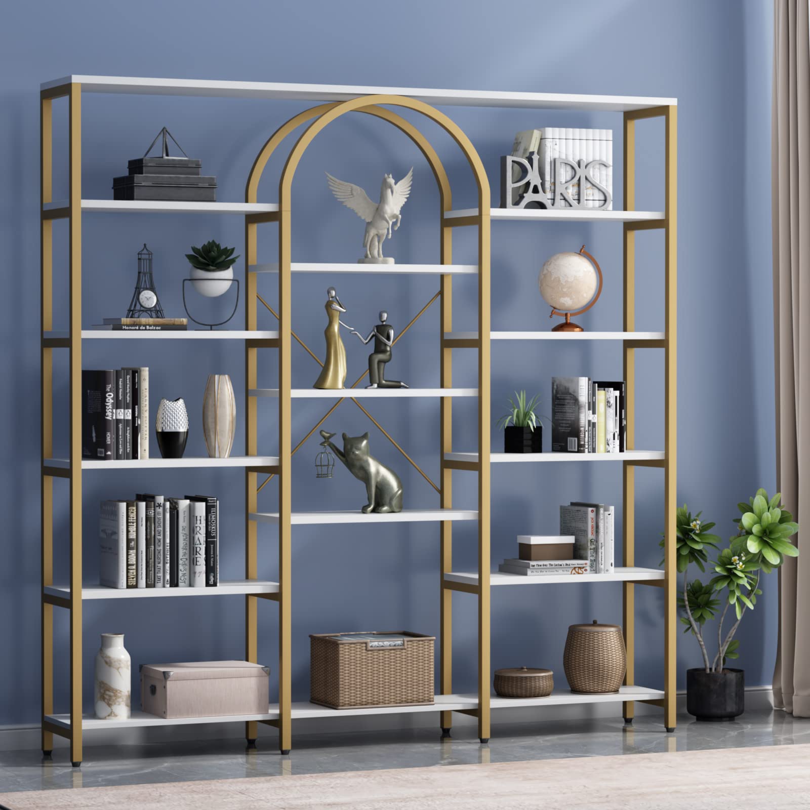 Auromie Triple Wide 5-Tier Bookshelf, 70.87" L x 79.13" H Extra Large Bookcase, Tall Open Etagere Display Shelf with Metal Frame, Freestanding Modern Storage Shelves for Home Office, Black&White
