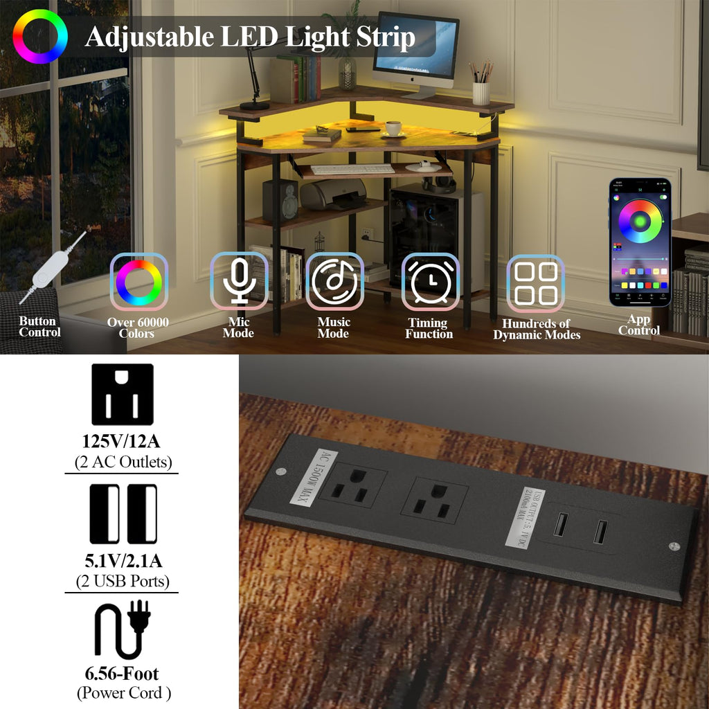 Auromie Corner Desk with Charging Station & LED Light, Triangle Corner Desk with Monitor Stand & Keyboard Tray