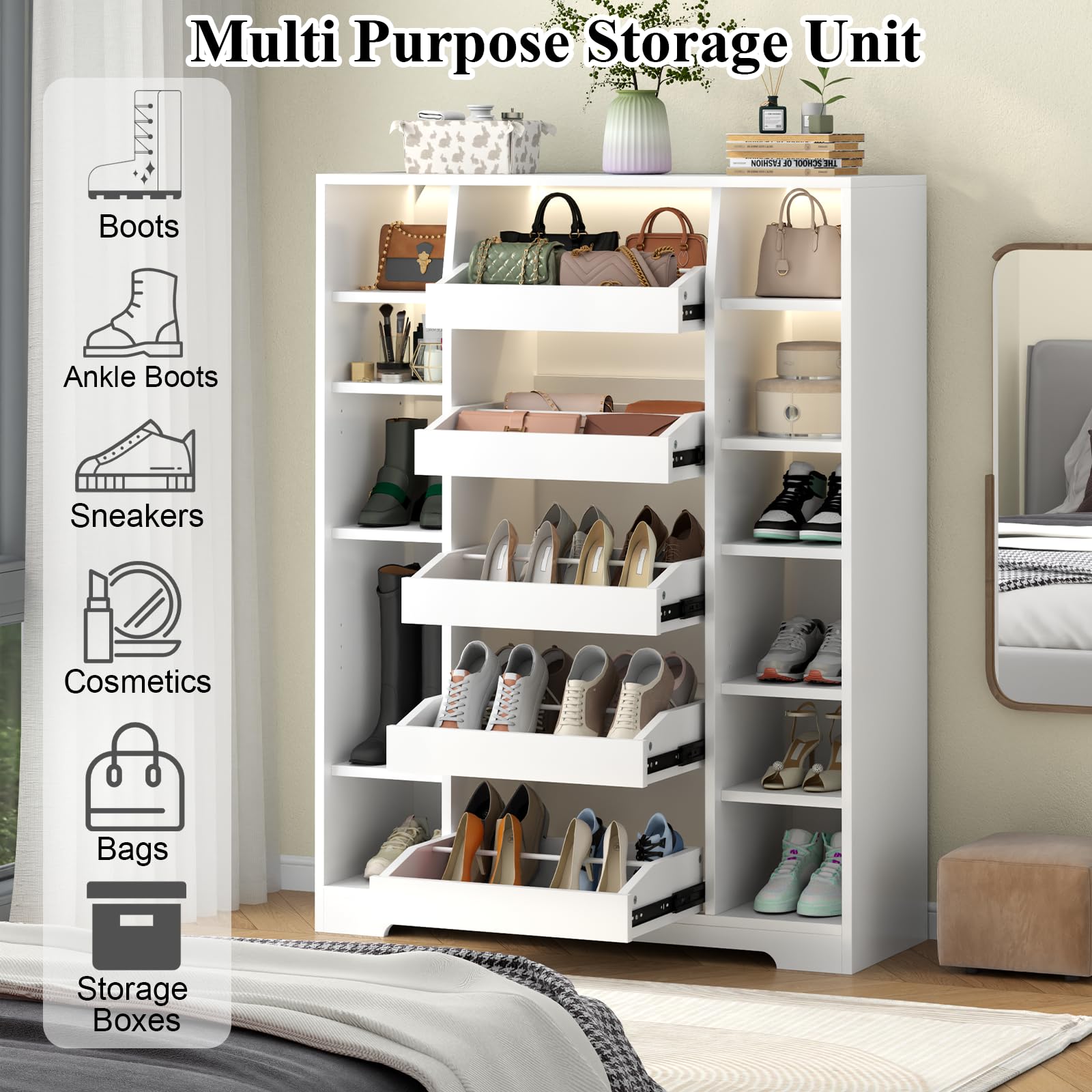 Auromie Shoe Storage Cabinet with 5 Drawers & 12 Shelves, Modern LED Shoe Rack & Handbag Storage Cabinet, Freestanding Shoes and Handbag Storage Organizer for Closet, Entryway, Living Room (White)